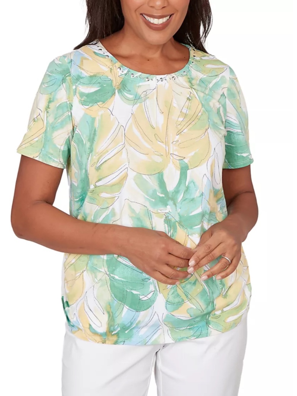 Alfred Dunner Green & Yellow Leaf-Print Short Sleeve Top with Stud Accents